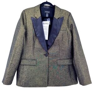 Ashro Gold Metallic Blazer Tuxedo Jacket Black Peak Lapel Womens 14 NWT Luxury